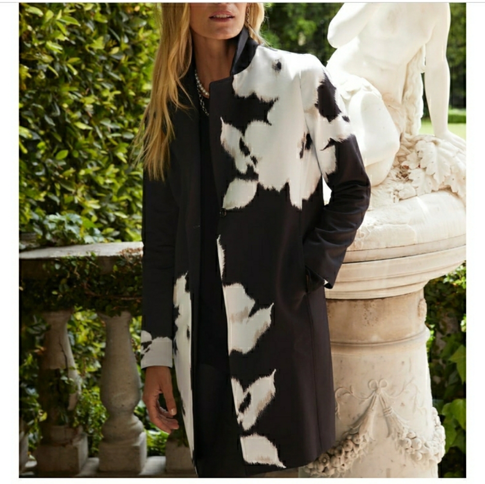 Size Large 12 Chicos Abstract Jacket Dress coat Work Womens Black White